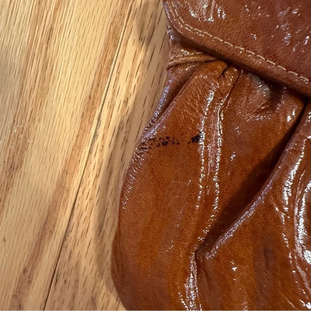 Lauren Merkin Caramel Cognac Brown Clutch Purse Envelope Closure Shiny Chic